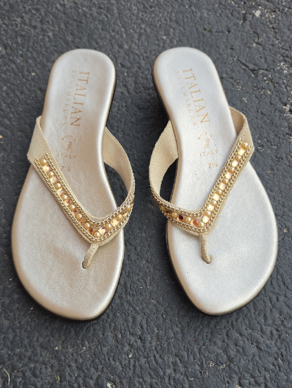 Italian Shoemakers Metallic Gold Jeweled Leather Wedge Heel Sandals Size 7.5